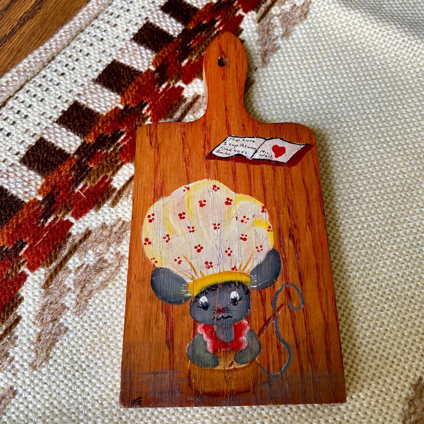 Vintage Hand-Painted Wooden Cutting Board Featuring Baking Mouse