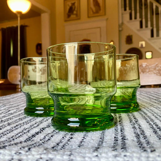 Set of 3 Vintage 1980s Green Green Apple Cocktail Tumblers, Heavy, Double Base
