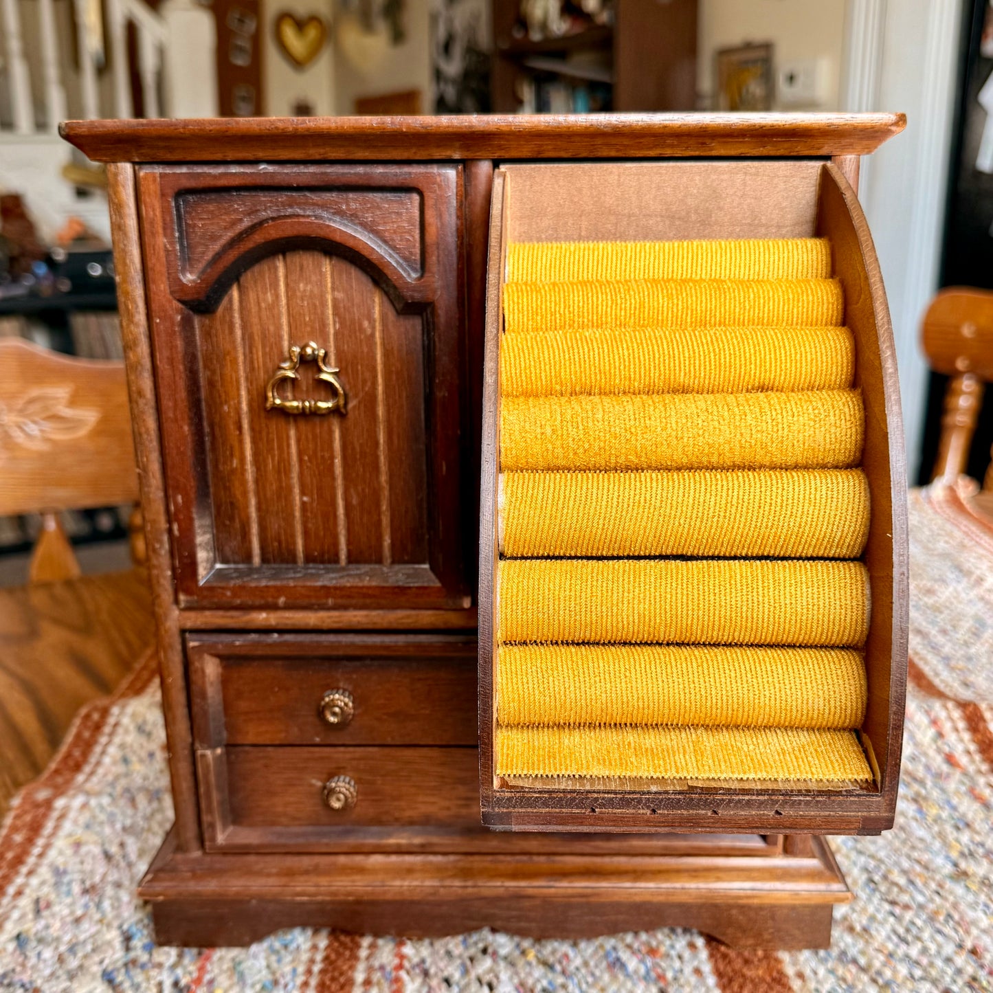 Vintage Wooden Armoire Music Box Jewelry Box with Brass Handles