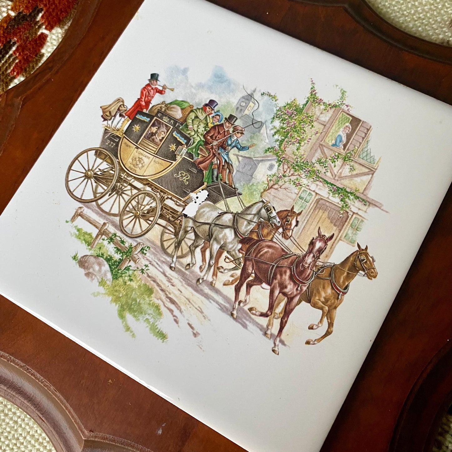 Vintage Ceramic Tile Wall Art Laid In Wood Featuring Carriage Scene