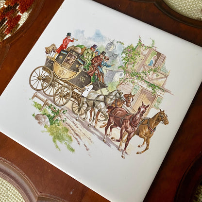 Vintage Ceramic Tile Wall Art Laid In Wood Featuring Carriage Scene