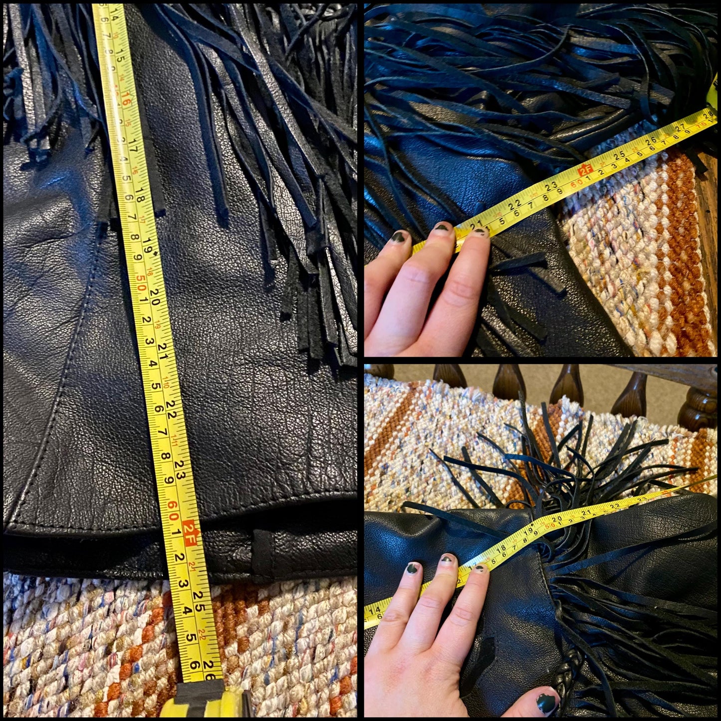 Vintage Barney’s Heavy Black Leather Biker Jacket with Fringe and Rose Accents
