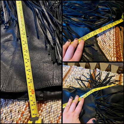 Vintage Barney’s Heavy Black Leather Biker Jacket with Fringe and Rose Accents