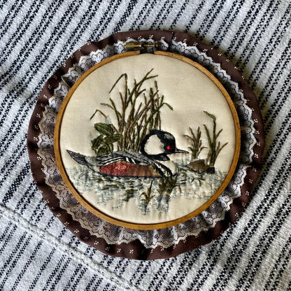 Vintage Duck Themed Hand Embroidered Hoop with Lace Trim
