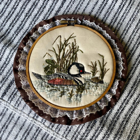 Vintage Duck Themed Hand Embroidered Hoop with Lace Trim