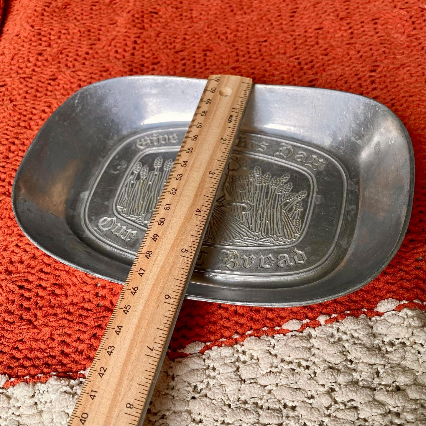 Antique 1960’s Pewter Platter Tray “Give Us This Day Our Daily Bread”