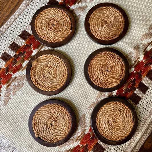 Set of 6 round  Vintage Mid-Century Modern wood and jute coasters