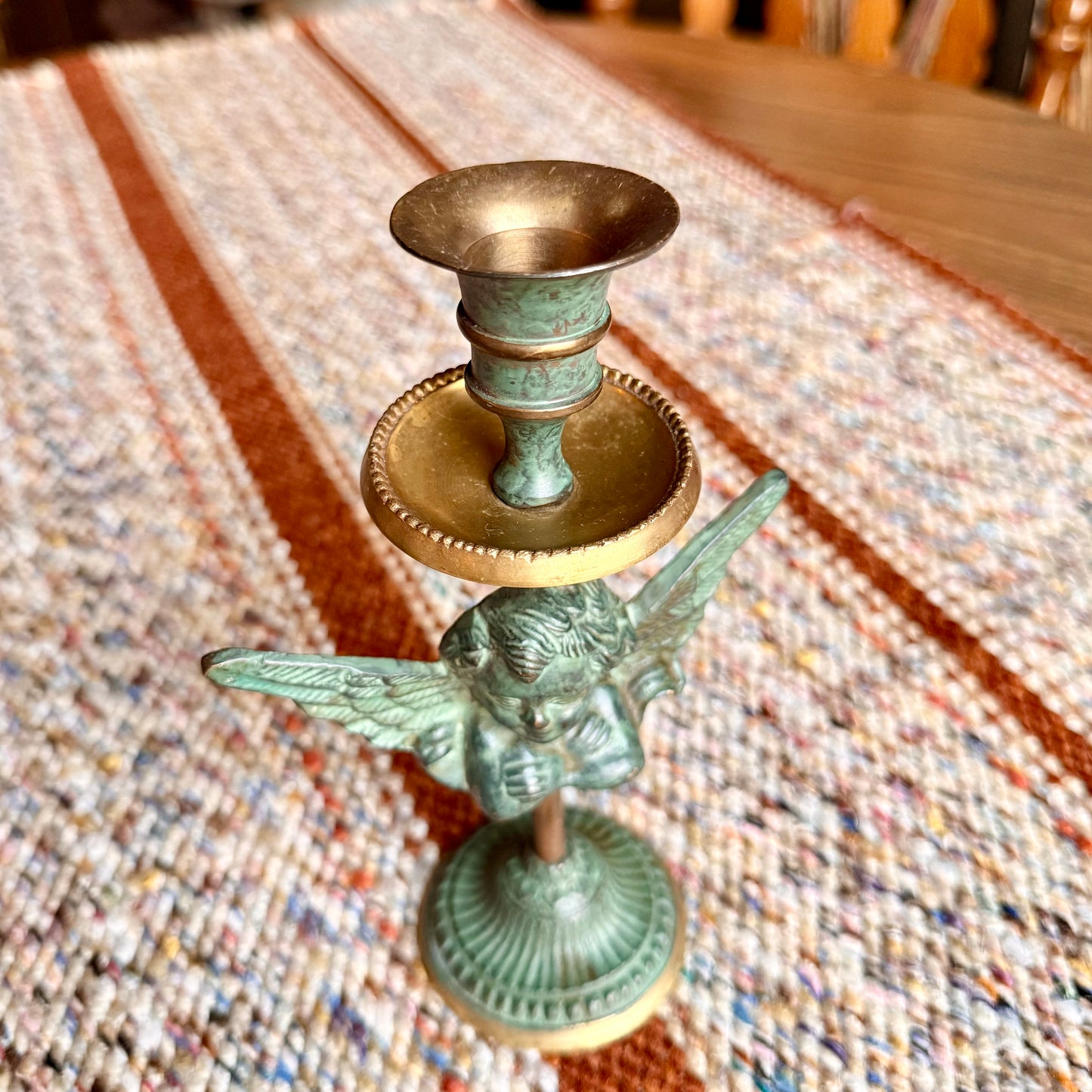 Vintage Brass and Copper Patinated Cherub Angel Candlestick Holder