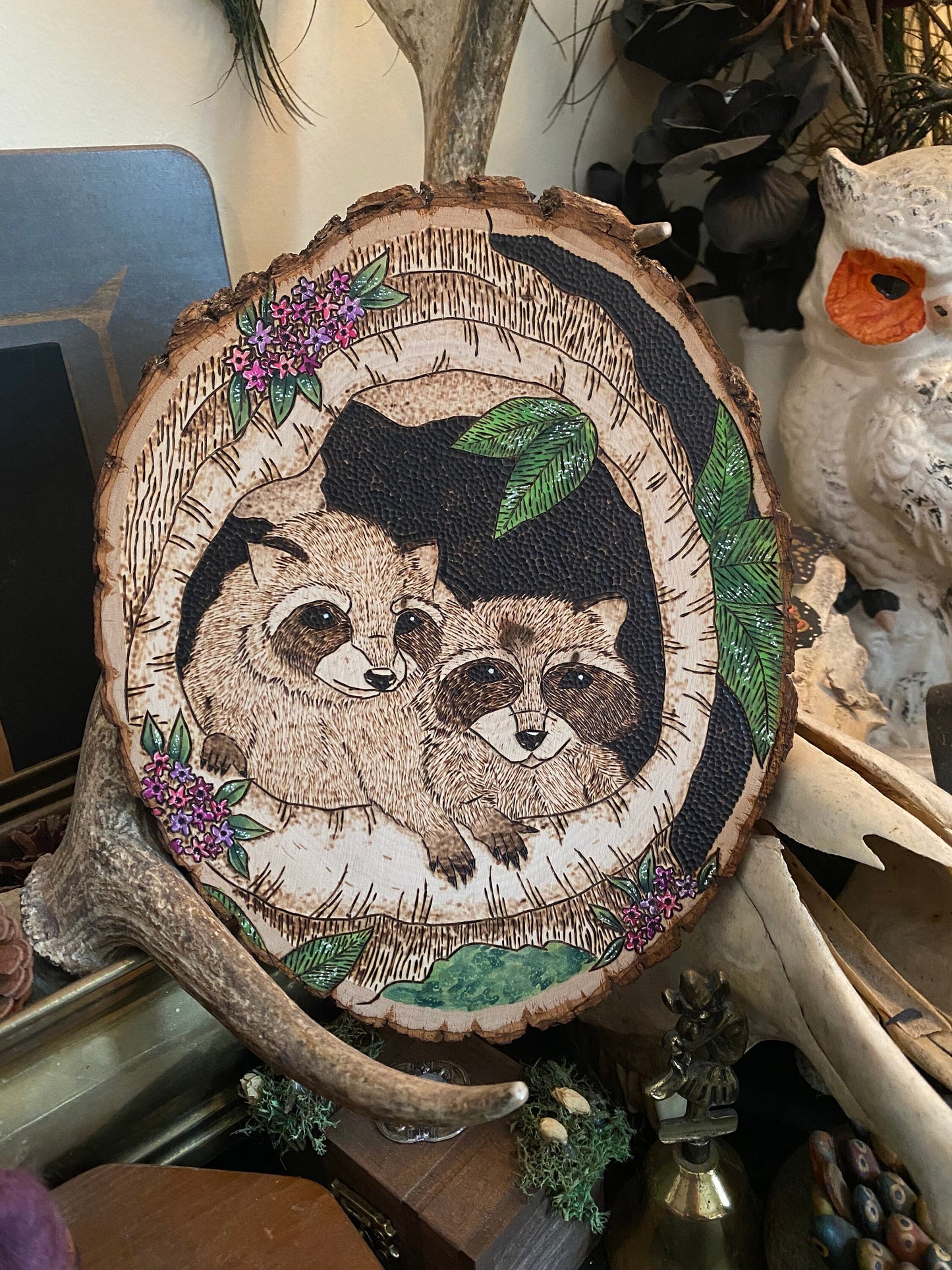8x9.5” Raccoon Kits Pyrography Woodburning and Watercolor