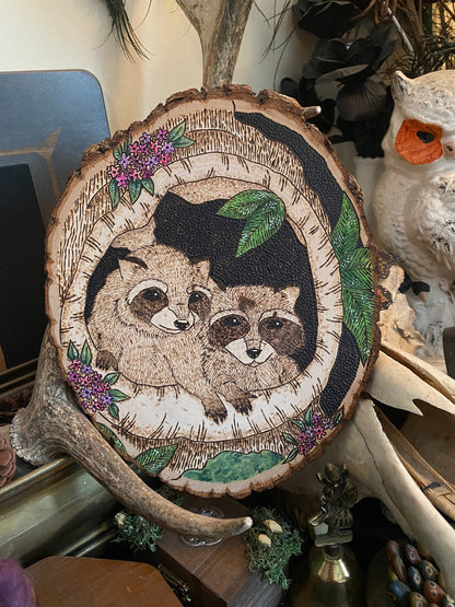 8x9.5” Raccoon Kits Pyrography Woodburning and Watercolor