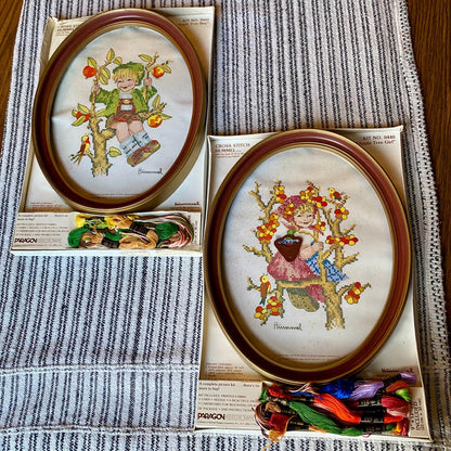 Set of 2 Vintage Paragon Needlepoint Cross Stitch Hummel Kits Apple Tree Boy and Girl