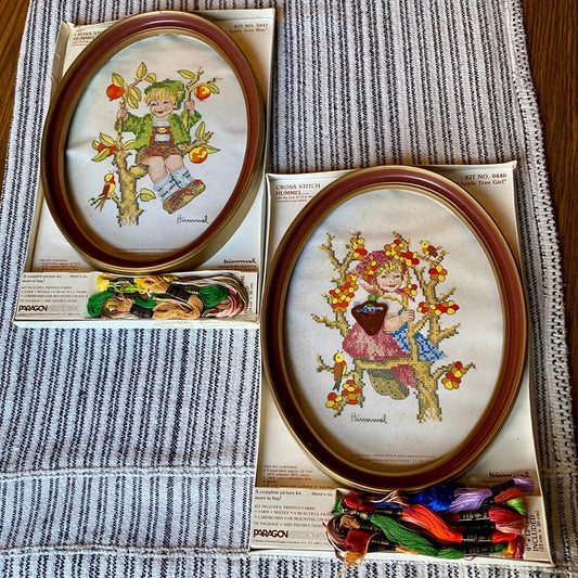 Set of 2 Vintage Paragon Needlepoint Cross Stitch Hummel Kits Apple Tree Boy and Girl