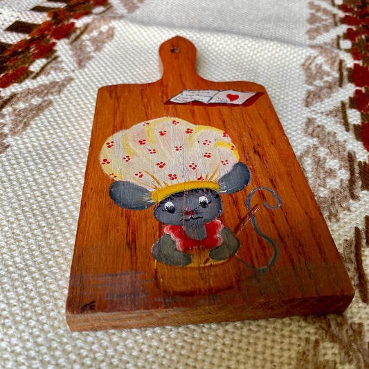 Vintage Hand-Painted Wooden Cutting Board Featuring Baking Mouse