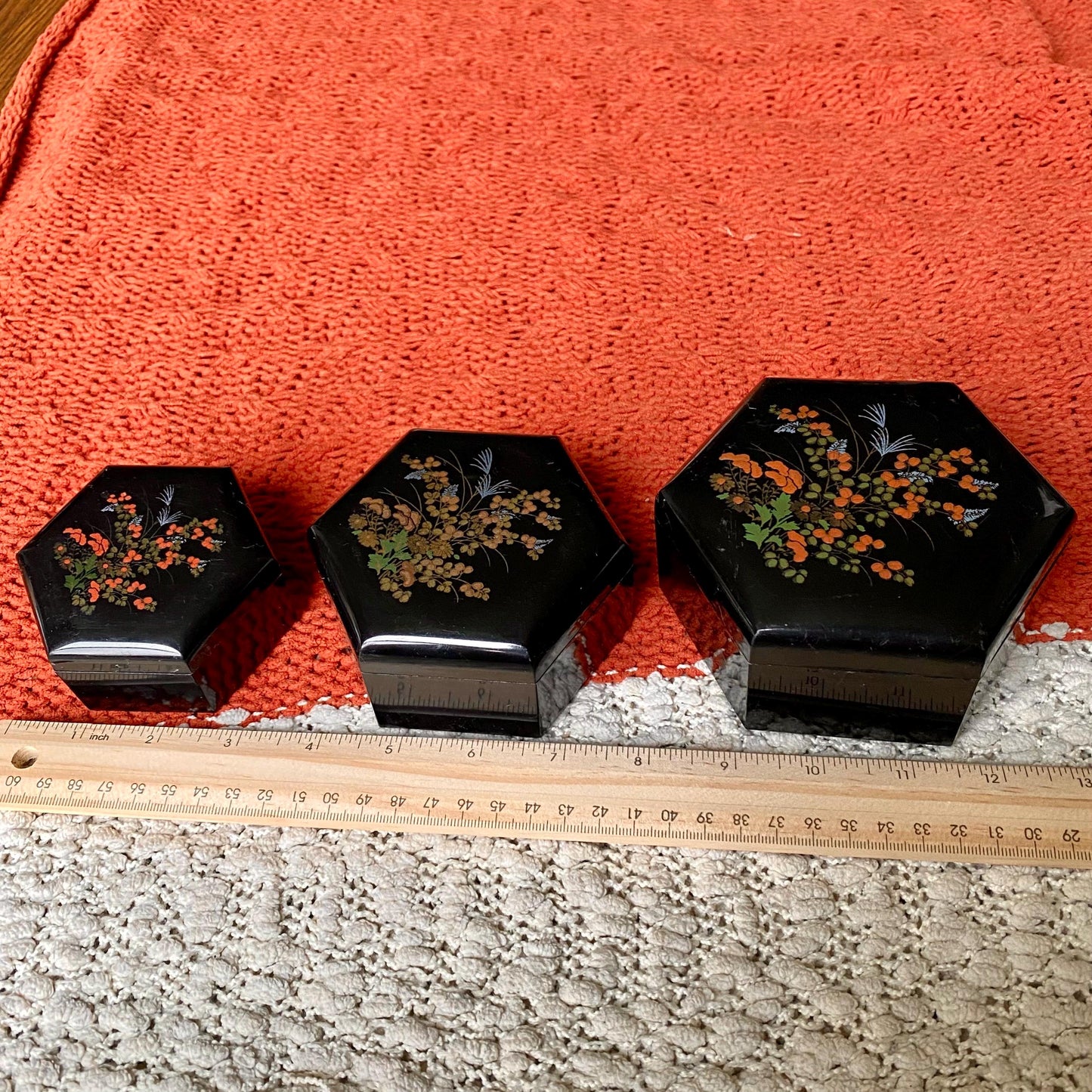 Set of 3 Vintage Asian Style Floral Nesting Trinket Boxes