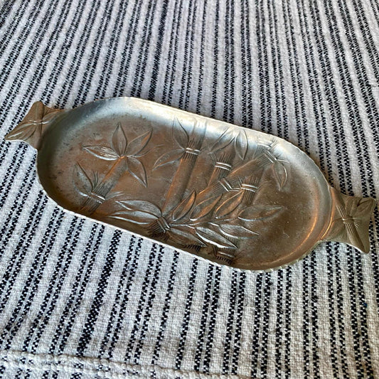 Vintage Bamboo Hand Forged Everlast Metal Aluminum Trinket Tray with Handles