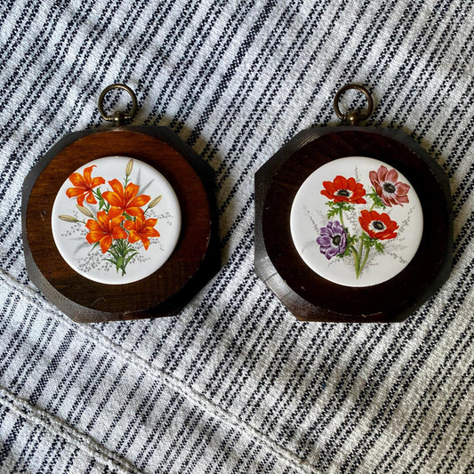 Vintage Floral Trivet Tiles on Wooden Base - Wall Hanging