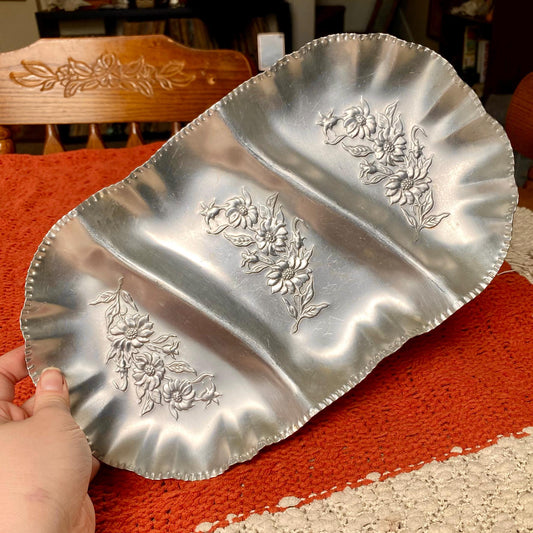 Three Sectioned Hand Wrought Aluminum Serving/Trinket Tray with Embossed Floral Design