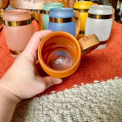 Set of 6 Mid-Century Modern Siesta Ware Frosted Glass Barrel Mugs with Carved Wooden Handles and Brass Bands