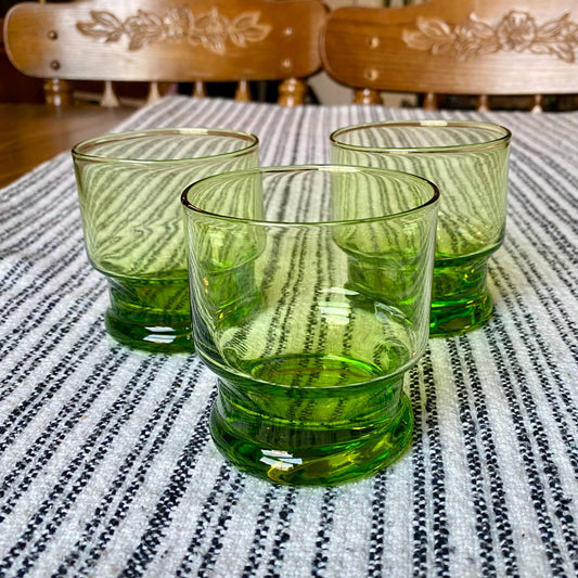 Set of 3 Vintage 1980s Green Green Apple Cocktail Tumblers, Heavy, Double Base