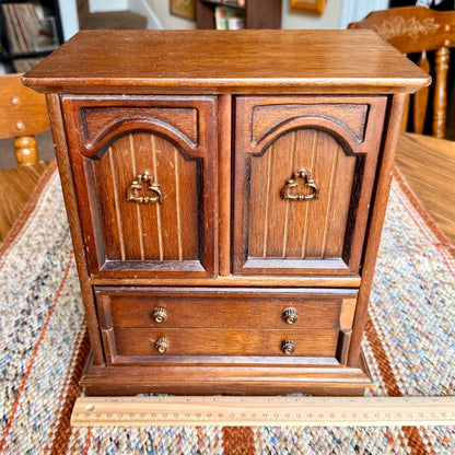 Vintage Wooden Armoire Music Box Jewelry Box with Brass Handles