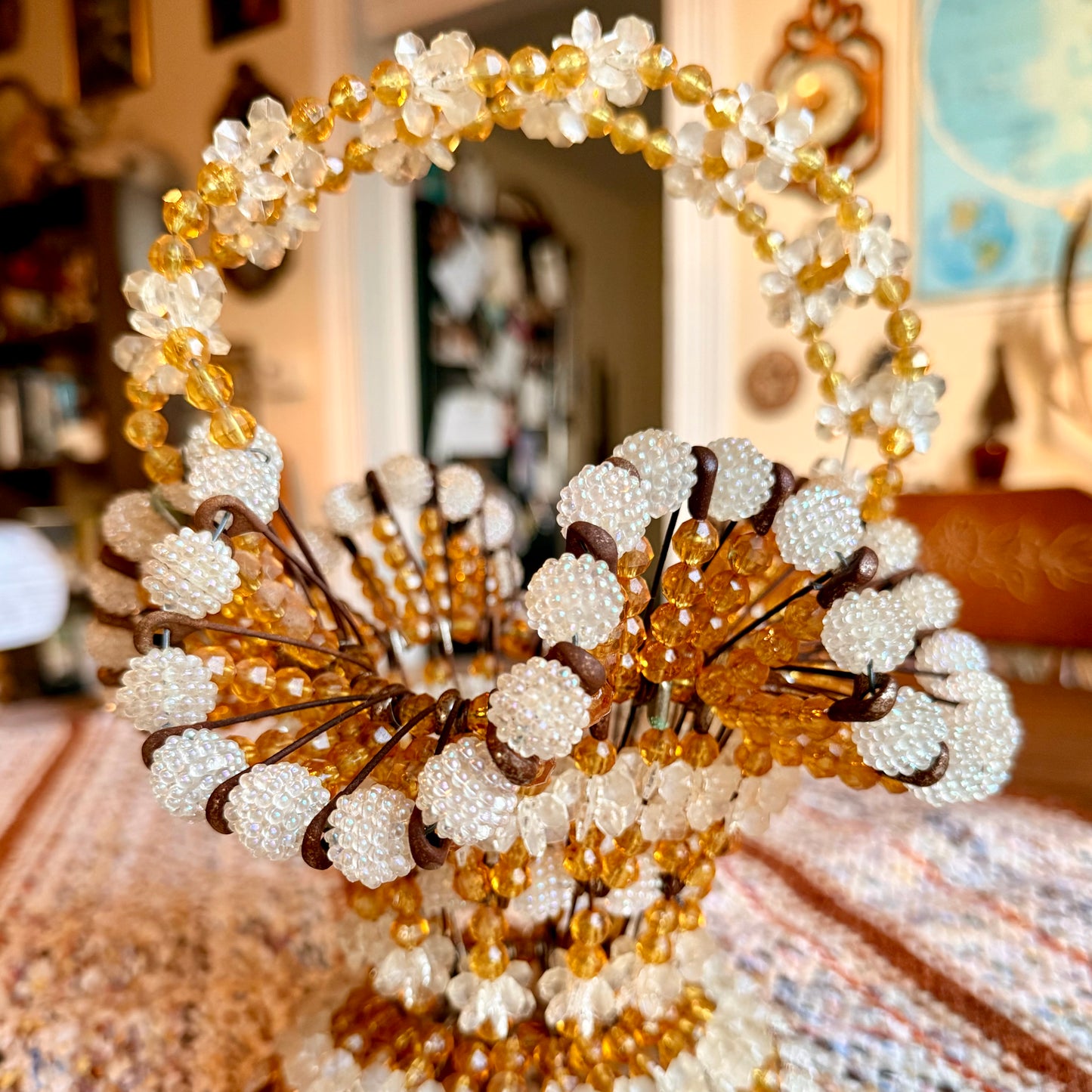 Vintage Mid-Century Modern Handmade Bead and Safety Pin Basket