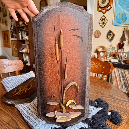 Set of 2 Vintage Mid Century Modern Brass and Pressed Wood Wheat & Cat Tails Wall Plaques