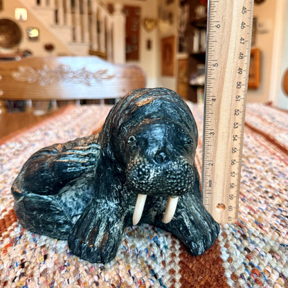 Vintage Wolf Sculptures Hand Carved Canadian Soap Stone Walrus