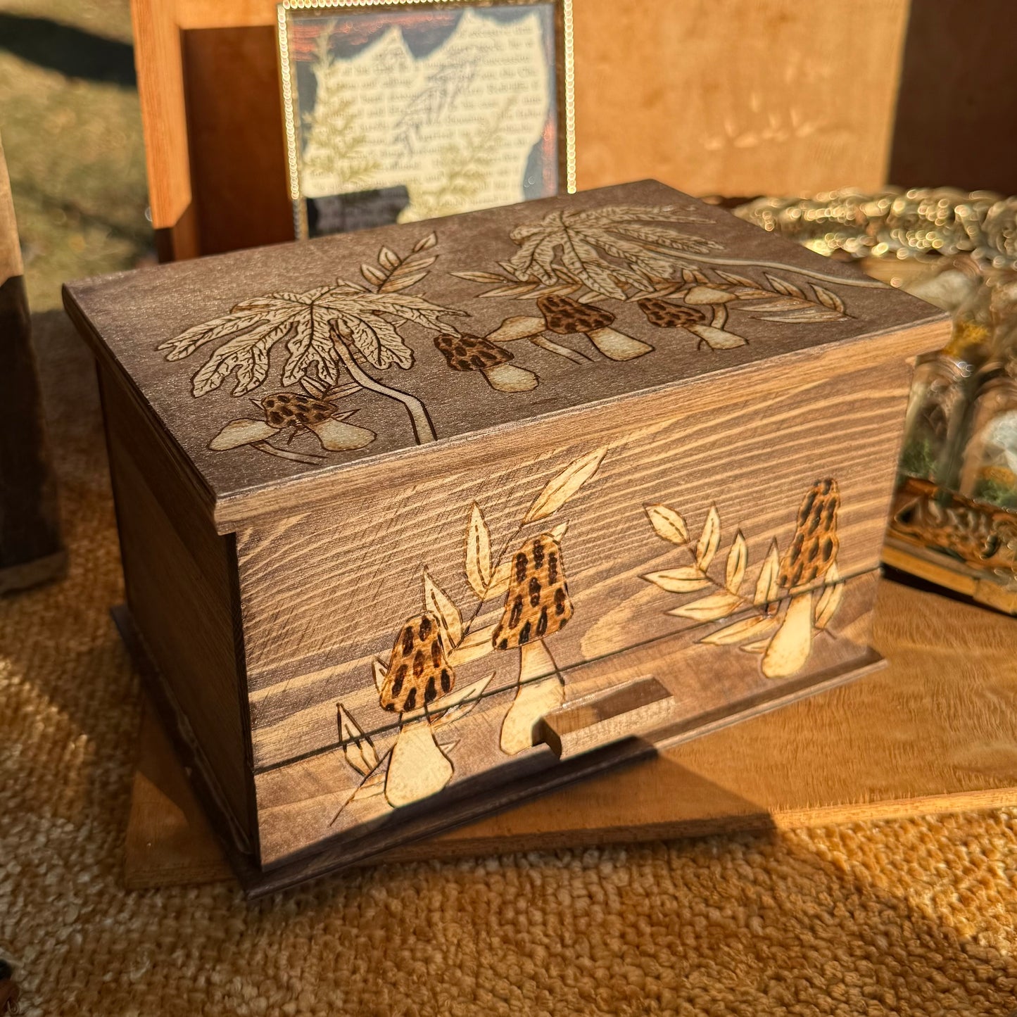 Hand Woodburned and Stained Morel Mushroom Themed Jewelry Box