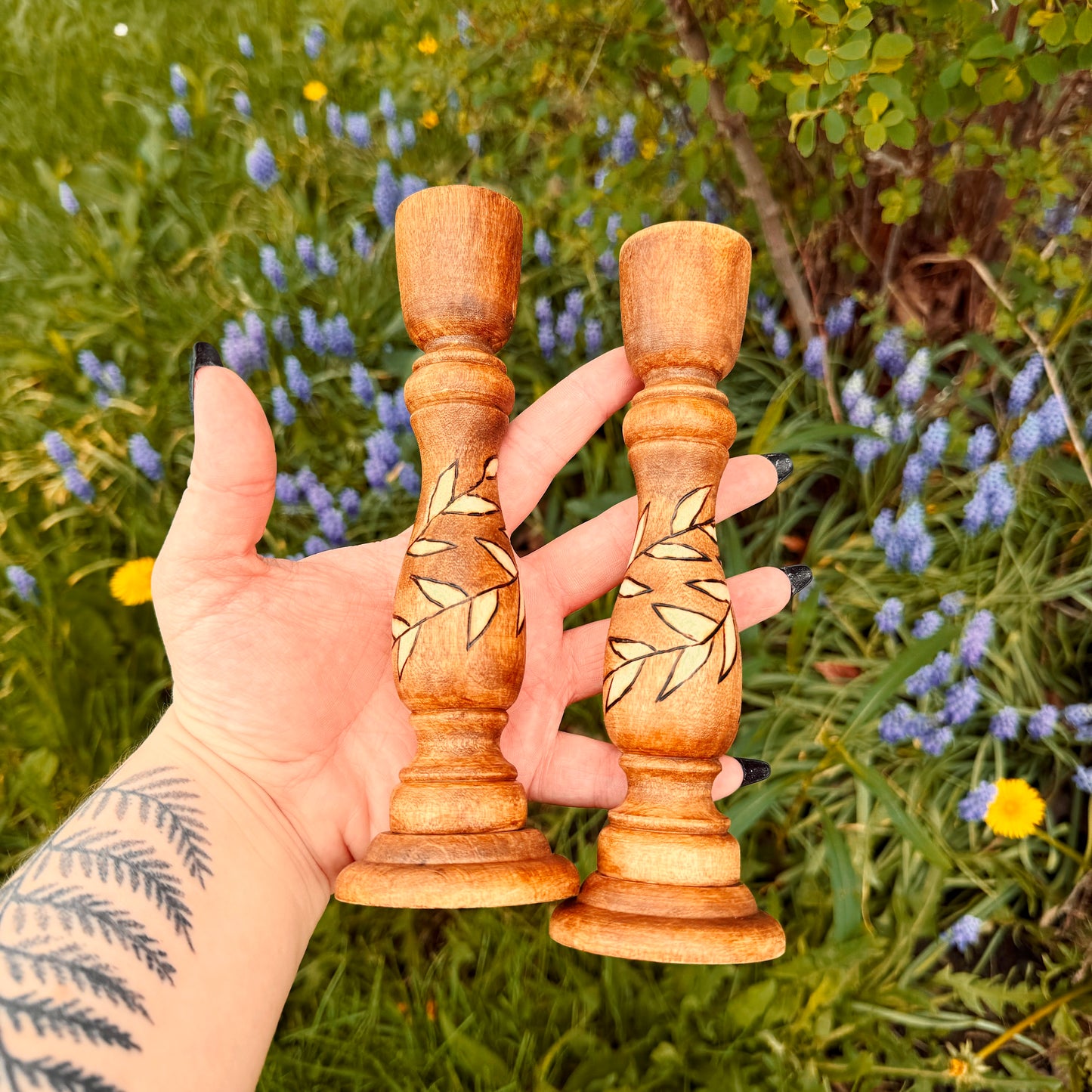 Hand Woodburned and Stained Candle Holders