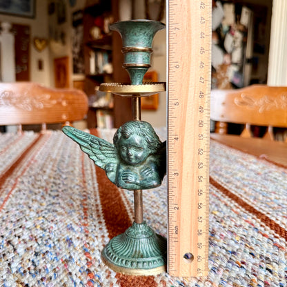 Vintage Brass and Copper Patinated Cherub Angel Candlestick Holder