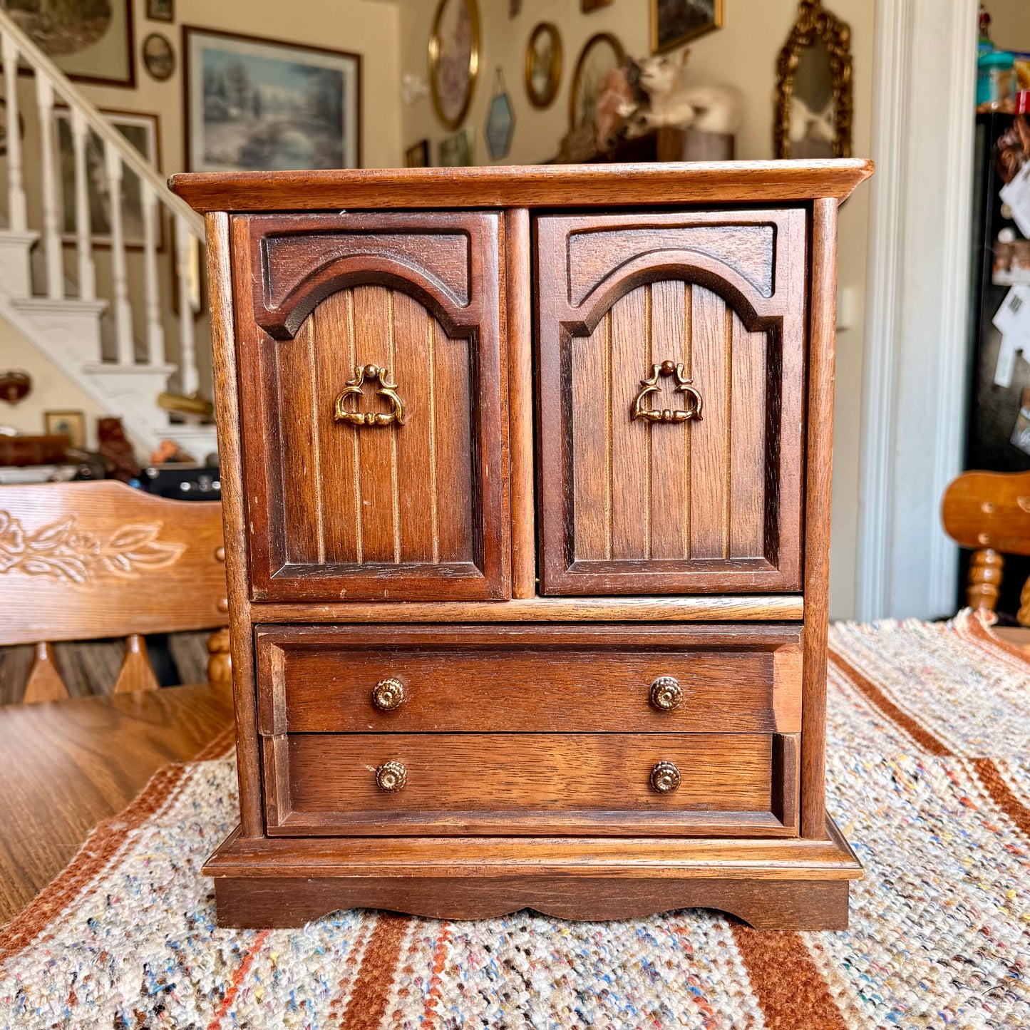 Vintage Wooden Armoire Music Box Jewelry Box with Brass Handles