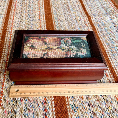 Vintage Wooden Jewelry Box w/ Inlaid Floral Tapestry and Removable Jewelry Tray