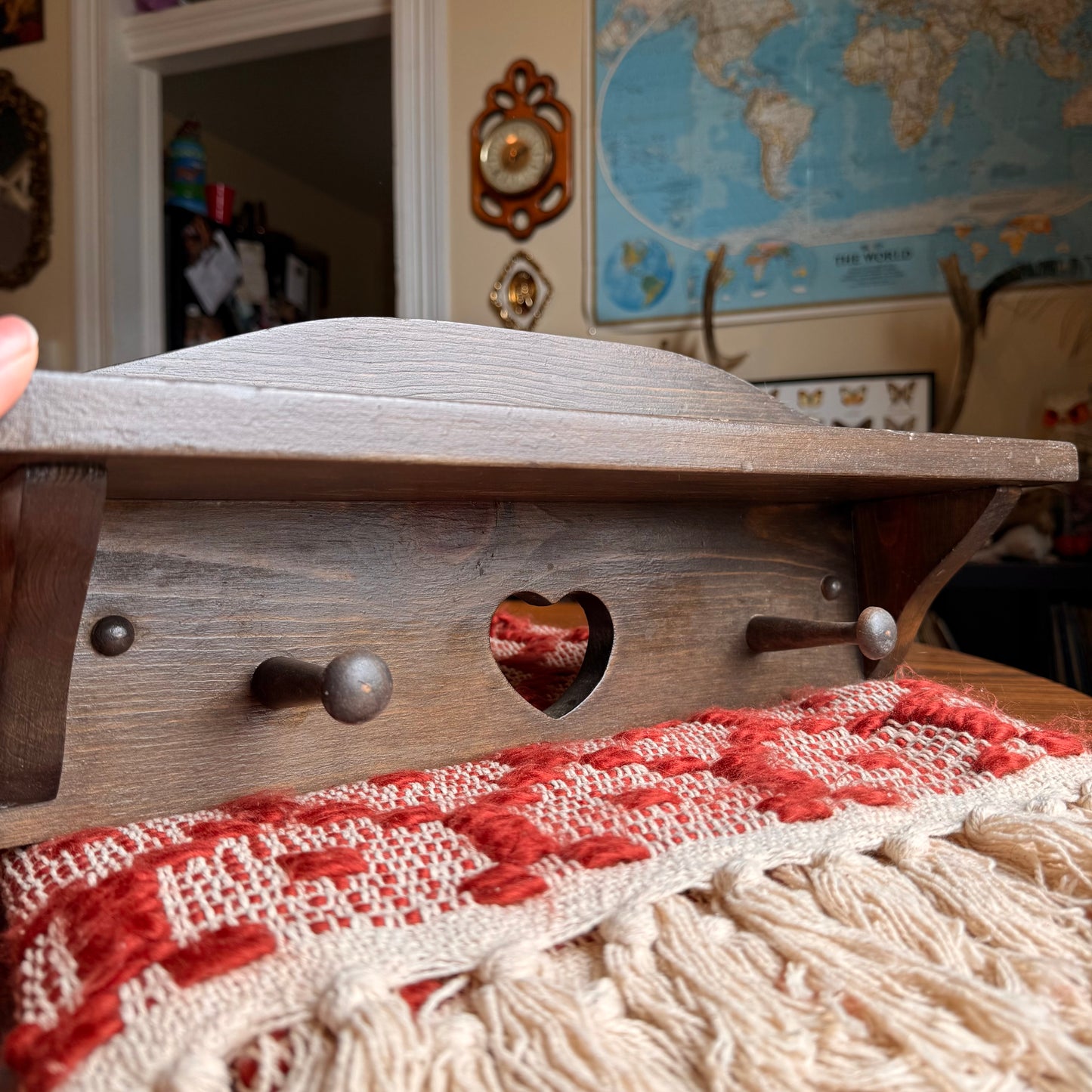 Vintage  Solid Wood Shelf with Heart Cut Out and Two Hangers