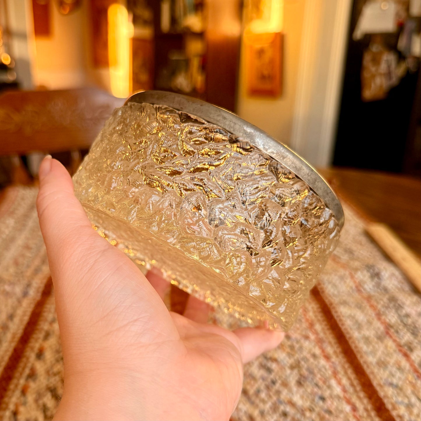 Vintage MidCentury Modern Davidson Brama Luna Crystal Glass Bowl with Silver Rim