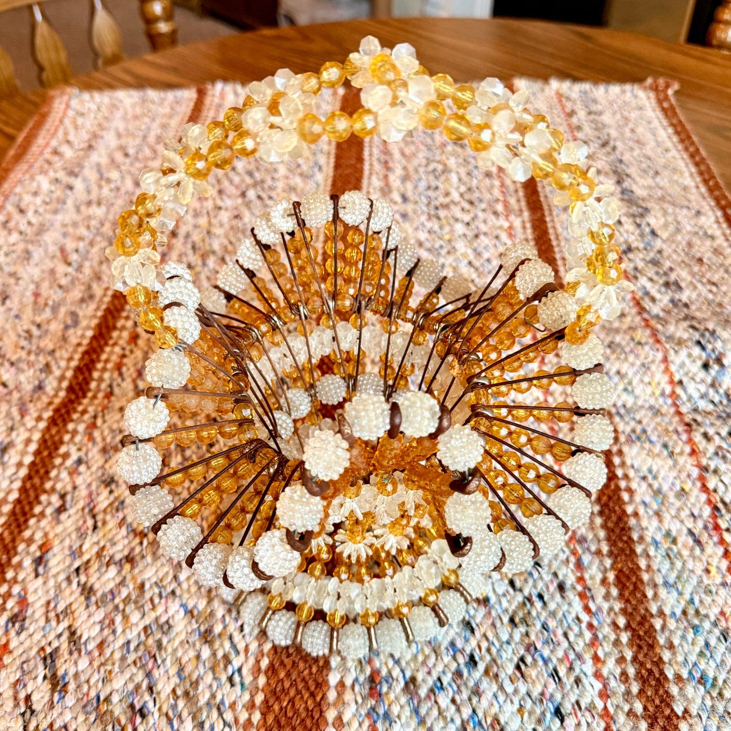 Vintage Mid-Century Modern Handmade Bead and Safety Pin Basket