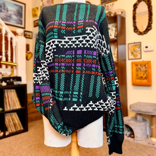 Vintage 80s Geometric Plaid Video Game Style Weeds Grandpa Sweater
