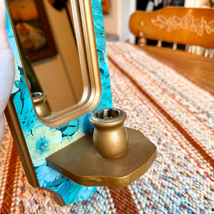 Vintage Gold and Floral Turquoise Homco / Burwood Style Wall Sconce Mirror
