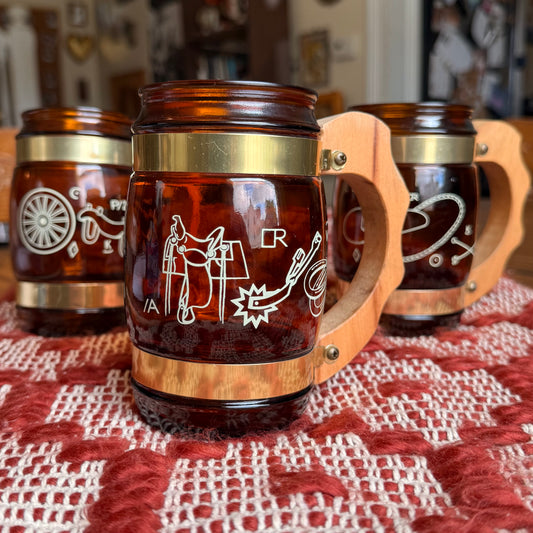 Set of Three Vintage Siesta Ware Cowboy Western Themed Barrel Mugs