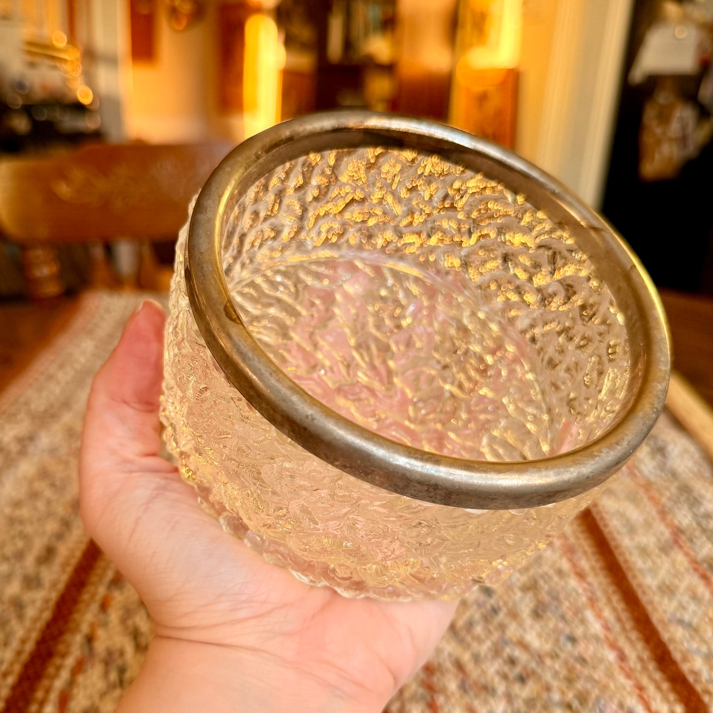 Vintage MidCentury Modern Davidson Brama Luna Crystal Glass Bowl with Silver Rim