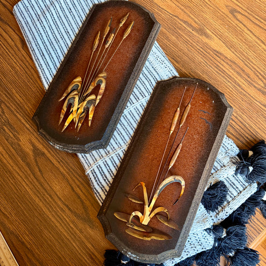 Set of 2 Vintage Mid Century Modern Brass and Pressed Wood Wheat & Cat Tails Wall Plaques