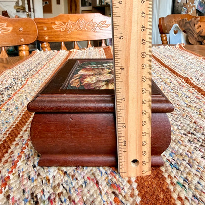 Vintage Wooden Jewelry Box w/ Inlaid Floral Tapestry and Removable Jewelry Tray