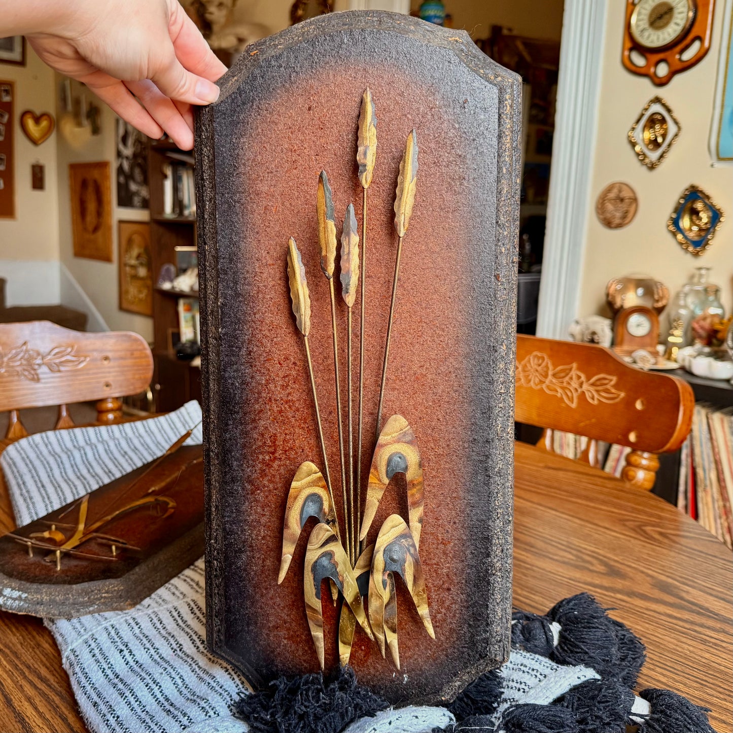 Set of 2 Vintage Mid Century Modern Brass and Pressed Wood Wheat & Cat Tails Wall Plaques