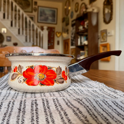 Vintage Sanko Ware Japan Show Saucepan Enamelware Warmer - Orange poppy Enamel