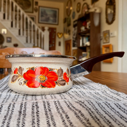Vintage Sanko Ware Japan Show Saucepan Enamelware Warmer - Orange poppy Enamel