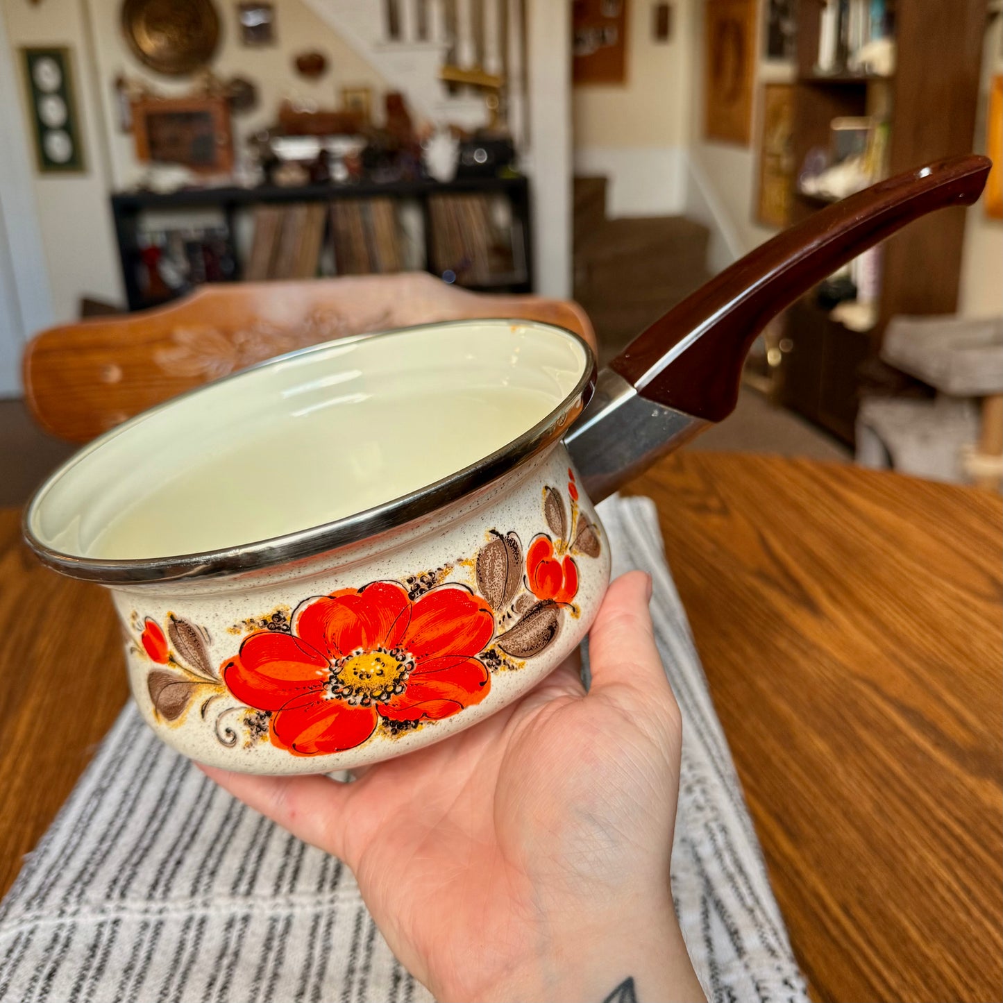 Vintage Sanko Ware Japan Show Saucepan Enamelware Warmer - Orange poppy Enamel