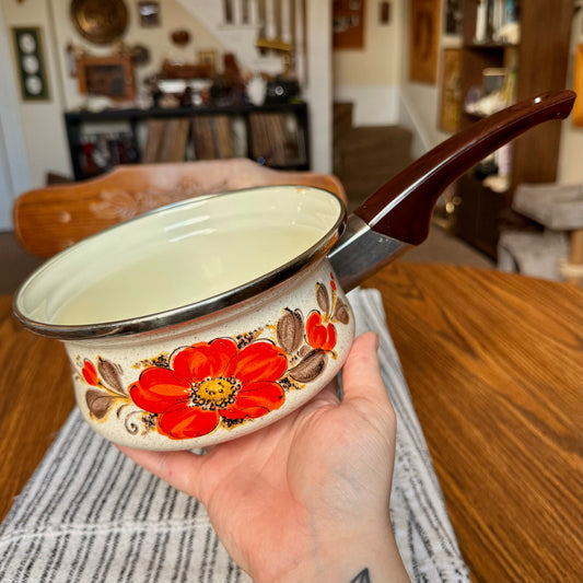 Vintage Sanko Ware Japan Show Saucepan Enamelware Warmer - Orange poppy Enamel