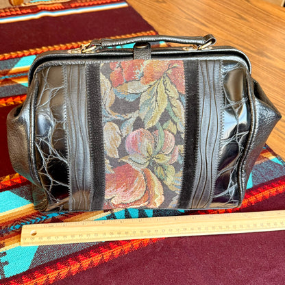 Vintage 70s/80s Bonjour Hangbag with Black Textured Leather and Inlaid Floral Tapestry Design