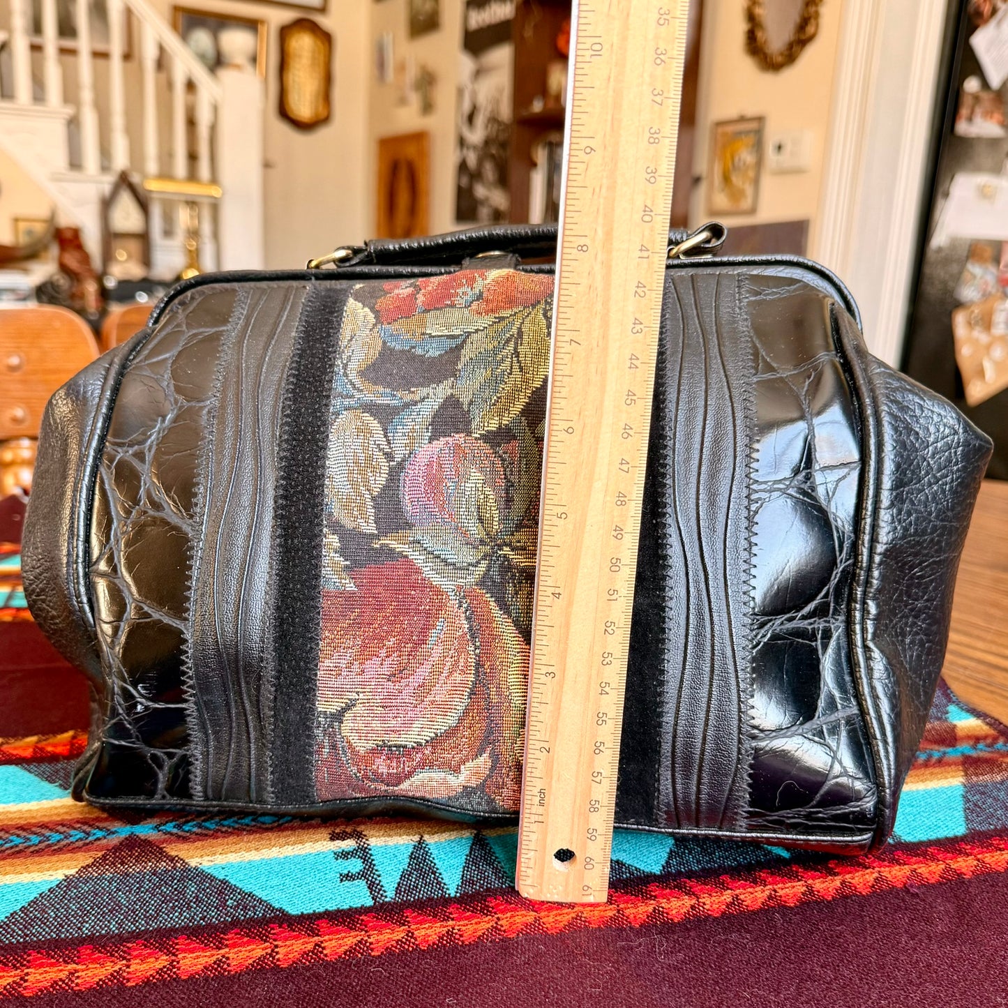 Vintage 70s/80s Bonjour Hangbag with Black Textured Leather and Inlaid Floral Tapestry Design