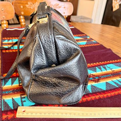 Vintage 70s/80s Bonjour Hangbag with Black Textured Leather and Inlaid Floral Tapestry Design