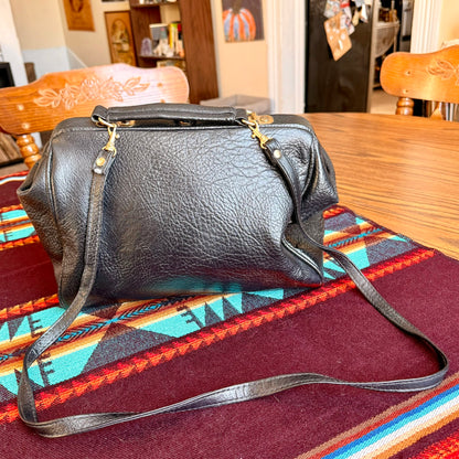 Vintage 70s/80s Bonjour Hangbag with Black Textured Leather and Inlaid Floral Tapestry Design
